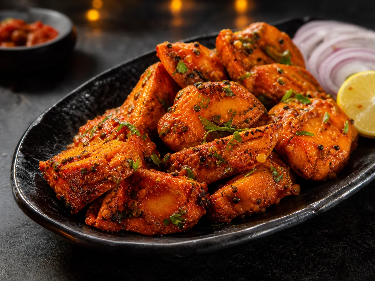Spice-coated achari chaap on a black plate
