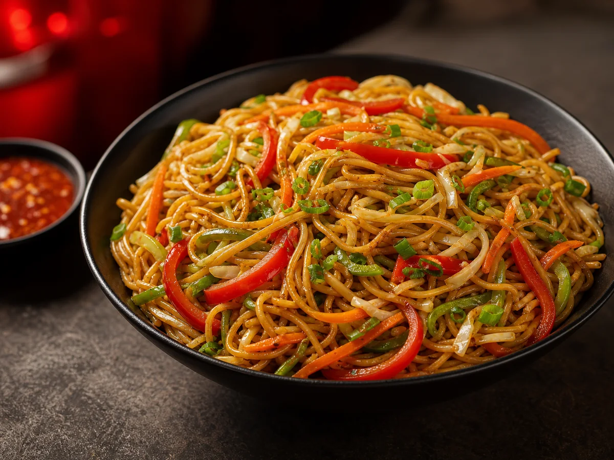 Vegetable chowmein with peppers and spring onion