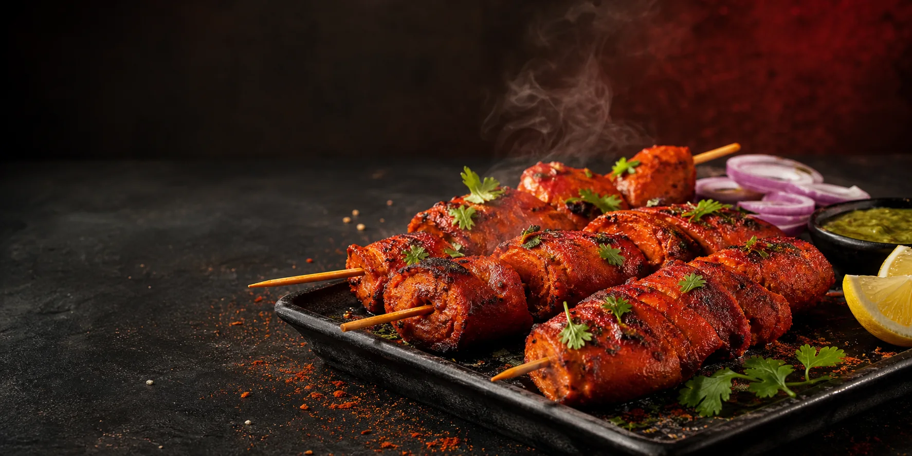 Smoky red tandoori chaap on skewers
