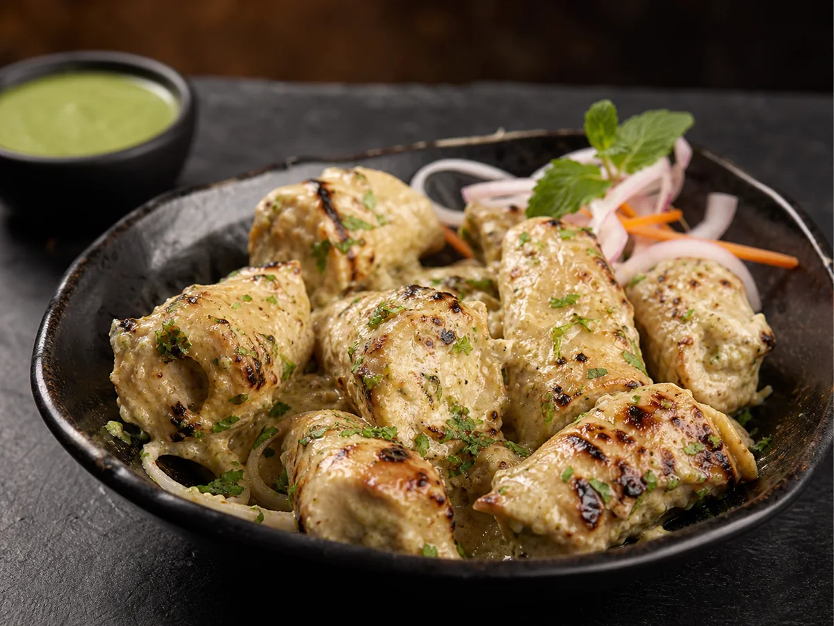 Creamy malai chaap served in a black bowl