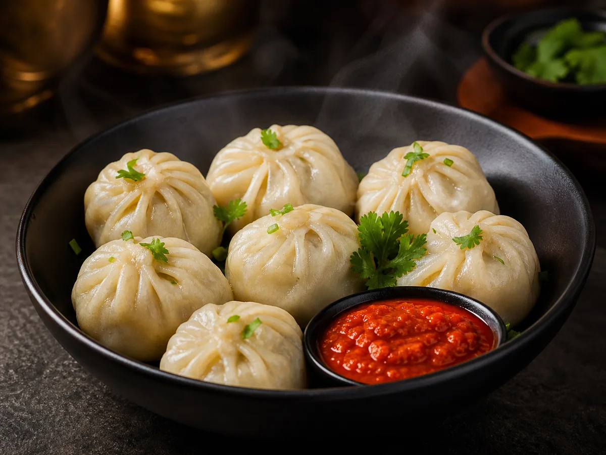 Steamed vegetable momos with spicy red chutney